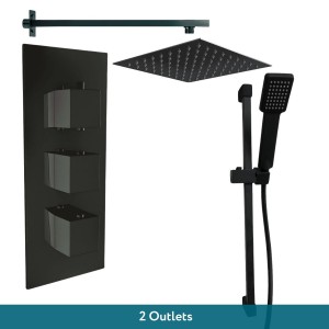 Beauly Matt Black Triple Square Handle Concealed Valve with 200mm Square Shower Head and Riser Rail (2 Outlet)