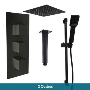 Beauly Matt Black Triple Square Handle Concealed Valve with 200mm Square Shower Head, Ceiling Arm and Riser Rail (2 Outlet)