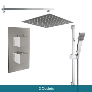Beauly Chrome Twin Square Handle Concealed Valve Built in Diverter with 200mm Square Shower Head and Riser Rail (2 Outlet)