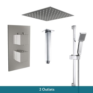 Beauly Chrome Twin Square Handle Concealed Valve Built in Diverter with 200mm Square Shower Head, Riser Rail and Ceiling Arm (2 Outlet)