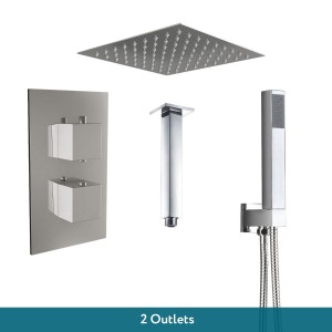 Beauly Chrome Twin Square Handle Concealed Valve Built in Diverter with 200mm Square Shower Head, Hand Shower and Ceiling Arm (2 Outlet)