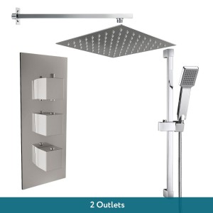 Beauly Chrome Triple Square Handle Concealed Valve with 200mm Square Shower Head and Riser Rail (2 Outlet)