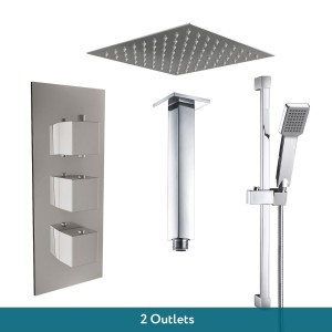 Beauly Chrome Triple Square Handle Concealed Valve with 200mm Square Shower Head, Riser Rail and Ceiling Arm (2 Outlet)