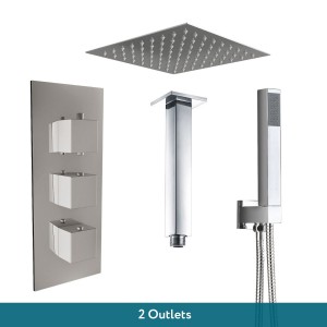Beauly Chrome Triple Square Handle Concealed Valve with 200mm Square Shower Head, Hand Shower and Ceiling Arm (2 Outlet)