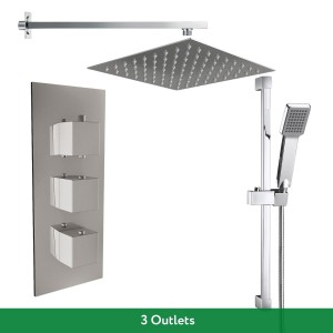 Beauly Chrome Triple Square Handle Concealed Valve Built in Diverter with 200mm Square Shower Head and Riser Rail (3 Outlet)