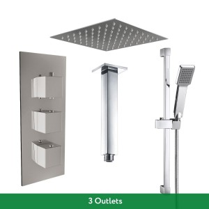 Beauly Chrome Triple Square Handle Concealed Valve Built in Diverter with 200mm Square Shower Head, Riser Rail and Ceiling Arm (3 Outlet)