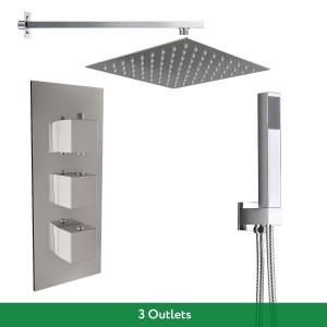 Beauly Chrome Triple Square Handle Concealed Valve Built in Diverter with 200mm Square Shower Head and Hand Shower (3 Outlet)