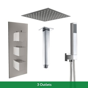 Beauly Chrome Triple Square Handle Concealed Valve Built in Diverter with 200mm Square Shower Head, Hand Shower and Ceiling Arm (3 Outlet)