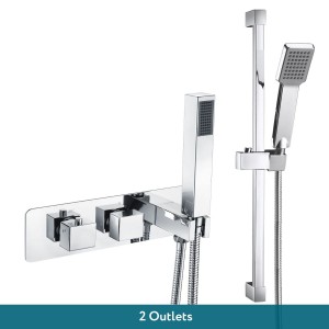 Beauly Chrome Square Twin Diverter Thermostatic Shower Valve with Bulit in Hand Shower with Riser Rail (2 Outlet)