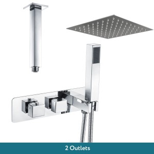 Beauly Chrome Square Twin Diverter Thermostatic Shower Valve with Bulit in Hand Shower with 200mm Square Shower Head and Ceiling Arm (2 Outlet)