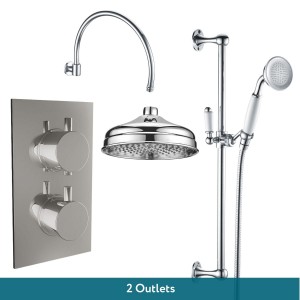 Melrose Traditional Chrome Twin Round Handle Concealed Valve Built in Divert with 200mm Traditional Shower Head and Riser Rail (2 Outlet)