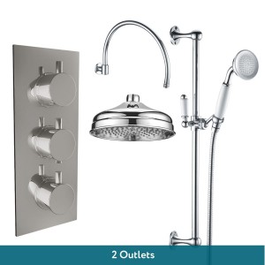Melrose Traditional Chrome Triple Round Handle Concealed Valve with 200mm Traditional Shower Head and Riser Rail (2 Outlet)