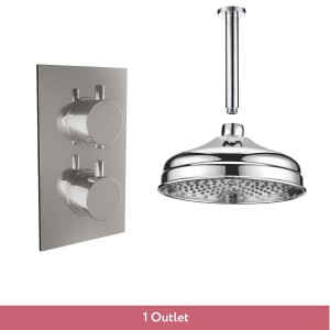 Melrose Traditional Chrome Twin Round Concealed Valve with 200mm Traditional Shower Head and Ceiling Arm (1 Outlet)