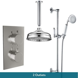 Melrose Traditional Chrome Twin Round Handle Concealed Valve Built in Divert with 200mm Traditional Shower Head, Riser Rail and Ceiling Arm (2 Outlet)