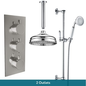 Melrose Traditional Chrome Triple Round Handle Concealed Valve with 200mm Traditional Shower Head, Riser Rail and Ceiling Arm (2 Outlet)