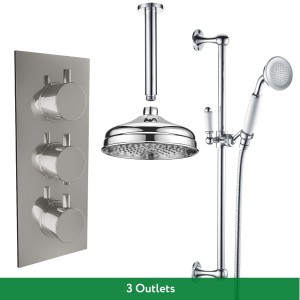 Melrose Traditional Chrome Triple Round Handle Concealed Valve Built in Diverter with 200mm Traditional Shower Head, Riser Rail and Ceiling Arm (3 Outlet)