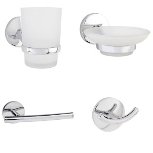 Kenly Chrome 4-Piece Bathroom Accessory Pack - Tumbler, Paper Holder, Robe Hook & Soap Dish
