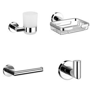 Leith Chrome 4-Piece Bathroom Accessory Pack - Tumbler, Paper Holder, Robe Hook & Soap Basket
