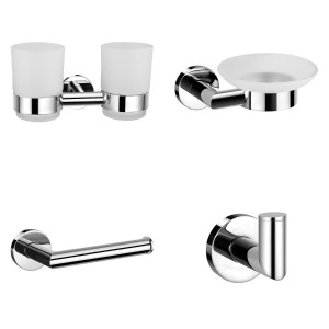 Leith Chrome 4-Piece Bathroom Accessory Pack - Double Tumbler, Paper Holder, Robe Hook & Soap Dish