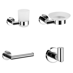 Leith Chrome 4-Piece Bathroom Accessory Pack - Tumbler, Paper Holder, Robe Hook & Soap Dish