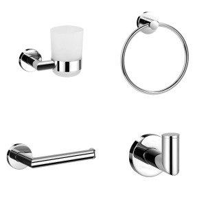 Leith Chrome 4-Piece Bathroom Accessory Pack - Tumbler, Paper Holder, Robe Hook & Towel Ring