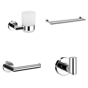 Leith Chrome 4-Piece Bathroom Accessory Pack - Tumbler, Paper Holder, Robe Hook & Double Towel Bar