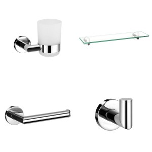 Leith Chrome 4-Piece Bathroom Accessory Pack - Tumbler, Paper Holder, Robe Hook & Glass Shelf