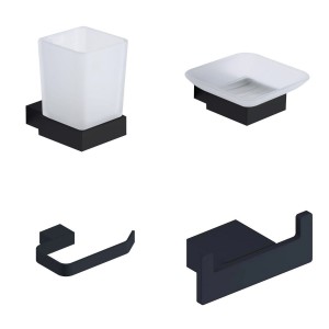 Gala Matt Black 4-Piece Bathroom Accessory Pack - Tumbler, Paper Holder, Robe Hook & Soap Dish