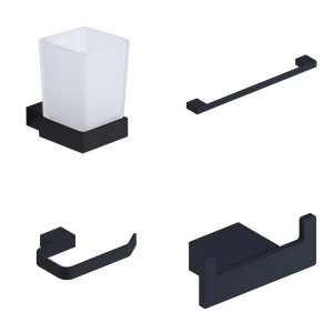 Gala Matt Black 4-Piece Bathroom Accessory Pack - Tumbler, Paper Holder, Robe Hook & 45cm Towel Bar