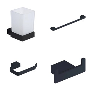 Gala Matt Black 4-Piece Bathroom Accessory Pack - Tumbler, Paper Holder, Robe Hook & 60cm Towel Bar