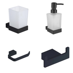 Gala Matt Black 4-Piece Bathroom Accessory Pack - Tumbler, Paper Holder, Robe Hook & Soap Dispenser