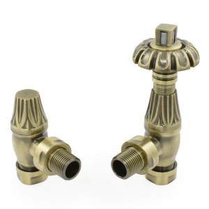 Antique Thermostatic Angled Radiator Valves - Polished Antique Brass