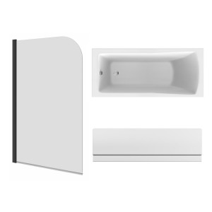 Sawley 1600 x 700mm Straight Bath Single Ended with Front Panel and Round Black Bath Screen