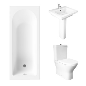 Essentials 1600 x 700mm Straight Bath Single Ended Bathroom Suite with RAK-Resort Mini Close Coupled Closed Back Rimless Toilet and 550mm Full Pedestal Basin - Including Bath Panels