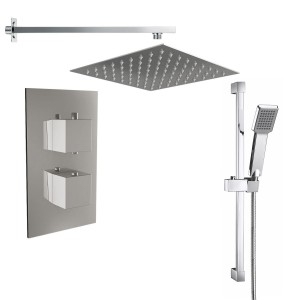 Beauly Chrome Twin Square Handle Concealed Valve Built in Diverter with 400mm Square Shower Head and Riser Rail (2 Outlet)