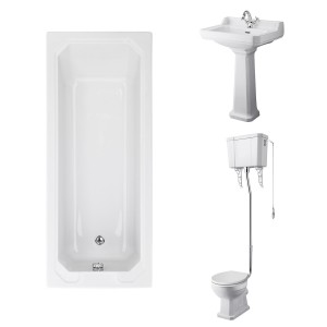 Wellington High Level Comfort Height Toilet with White Seat & 600mm 1 Tap Hole Basin with 1700 x 700mm Traditional Straight Bath Single Ended
