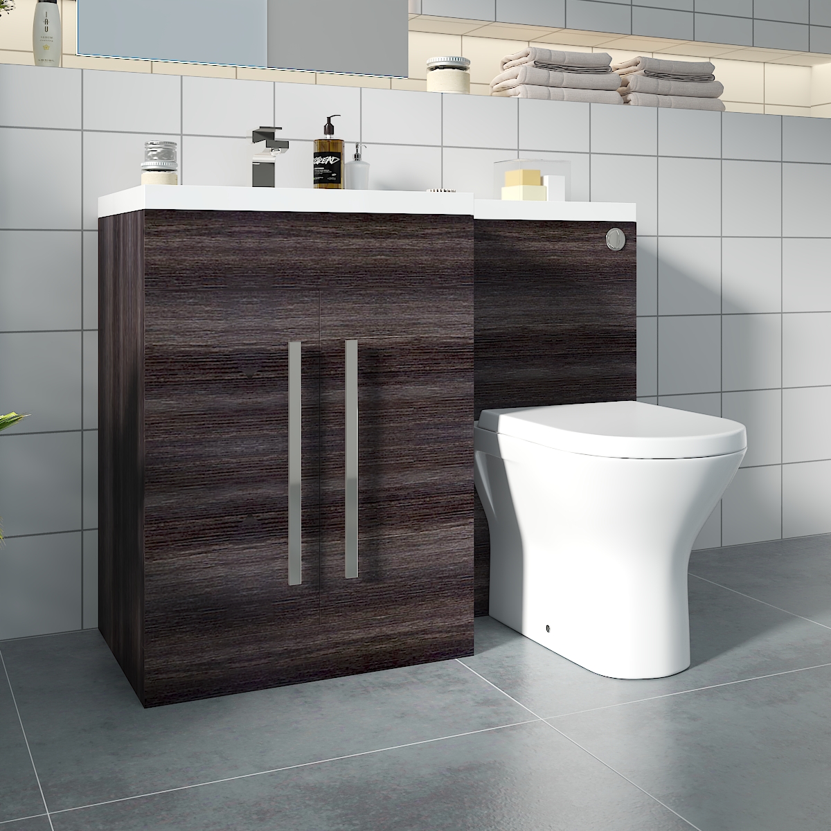 Calm Grey Left Hand Combination Vanity Unit with Rak-Resort Toilet & Soft Close Seat & Concealed Cistern - 1100mm