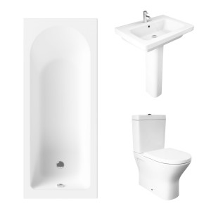 Essentials 1600 x 700mm Straight Bath Single Ended Bathroom Suite with RAK-Resort Mini Close Coupled Closed Back Rimless Toilet and 650mm Full Pedestal Basin - Including Bath Panels