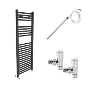 Bergen 1200 x 450mm Electric Manual Straight Grey Towel Radiator - Includes Angled Valves