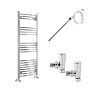 Fjord 1200 x 500mm Electric Manual Curved Chrome Heated Towel Rail - Includes Angled Valves