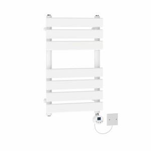Juva 650 x 400mm White Flat Panel Electric Towel Rail with White LCD Display Thermostatic Element