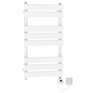 Juva 800 x 450mm White Flat Panel Electric Towel Rail with White LCD Display Thermostatic Element