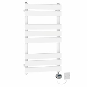 Juva 800 x 450mm White Flat Panel Electric Towel Rail with Chrome LCD Display Thermostatic Element