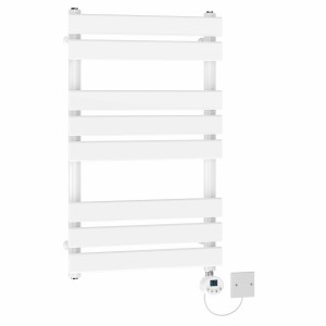 Juva 800 x 500mm White Flat Panel Electric Towel Rail with White LCD Display Thermostatic Element
