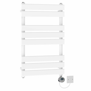 Juva 800 x 500mm White Flat Panel Electric Towel Rail with Chrome LCD Display Thermostatic Element