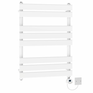 Juva 800 x 600mm White Flat Panel Electric Towel Rail with White LCD Display Thermostatic Element
