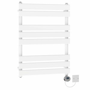 Juva 800 x 600mm White Flat Panel Electric Towel Rail with Chrome LCD Display Thermostatic Element