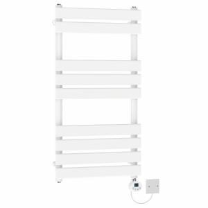 Juva 950 x 500mm White Flat Panel Electric Towel Rail with White LCD Display Thermostatic Element