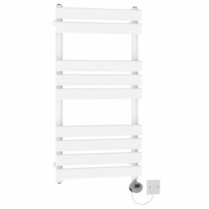 Juva 950 x 500mm White Flat Panel Electric Towel Rail with Chrome LCD Display Thermostatic Element