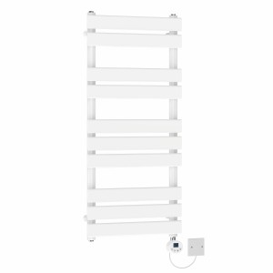 Juva 1000 x 450mm White Flat Panel Electric Towel Rail with White LCD Display Thermostatic Element